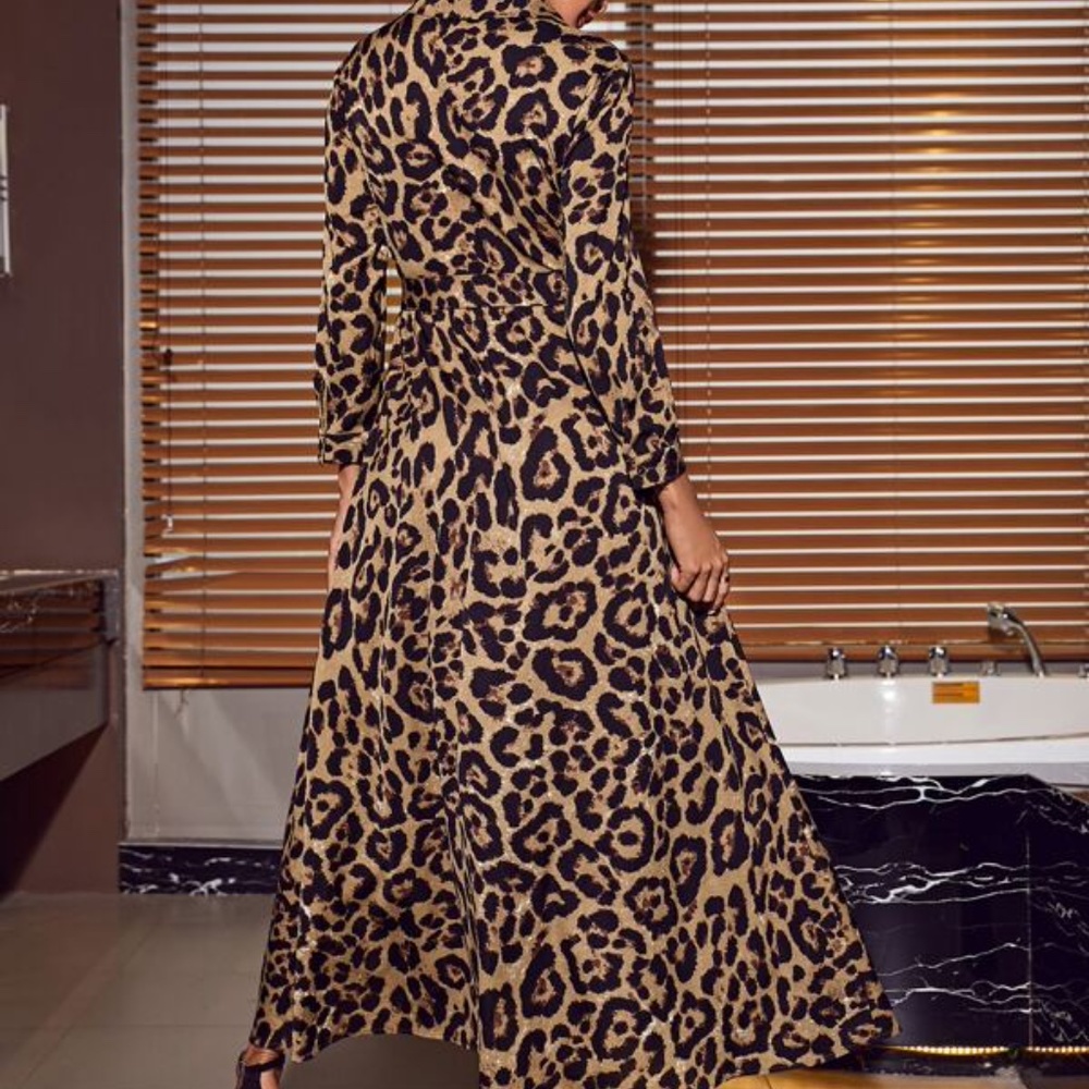 Camel Tan Leopard Print Slit Belted Maxi Dress - Picture 4 of 5